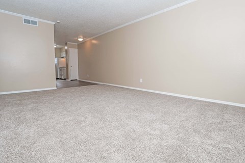 A spacious living room with beige walls and carpeted floor  at The Creole Apartments in Shreveport, LA